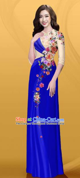 Vietnam Traditional Printing Roses Royalblue Aodai Cheongsam Asian Costume Vietnamese Bride Classical Qipao Dress for Women