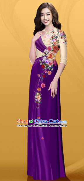 Vietnam Traditional Printing Roses Purple Aodai Cheongsam Asian Costume Vietnamese Bride Classical Qipao Dress for Women