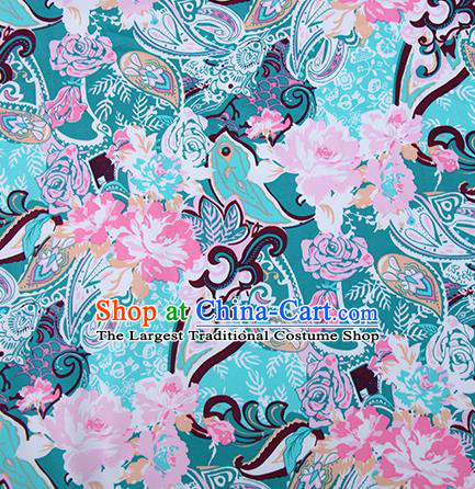Chinese Traditional Fabric Cheongsam Printing Peony Green Brocade Material Hanfu Classical Satin Silk Fabric