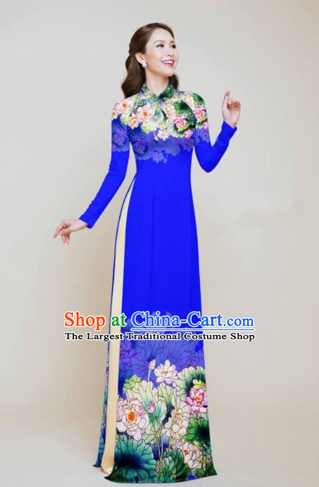 Vietnam Traditional Costume Printing Lotus Royalblue Aodai Cheongsam Asian Vietnamese Bride Classical Qipao Dress for Women