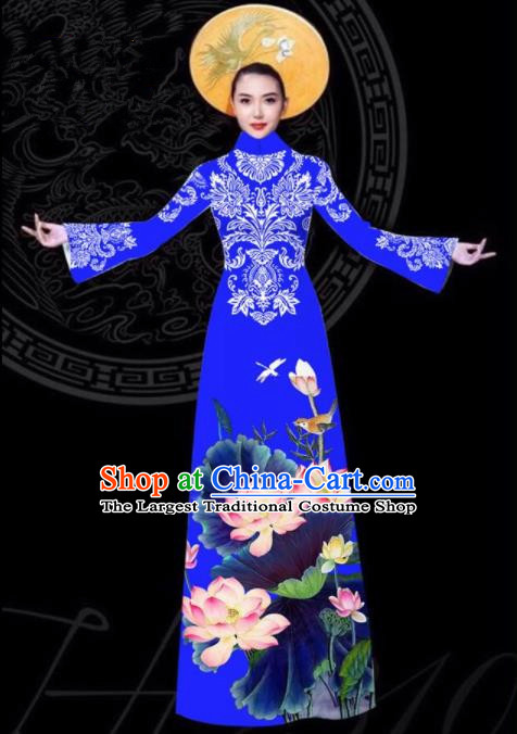 Vietnam Traditional Court Printing Lotus Blue Aodai Cheongsam Asian Vietnamese Queen Classical Qipao Dress for Women