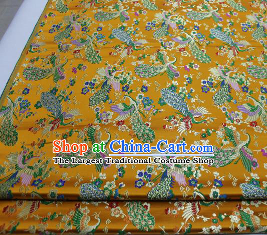 Chinese Traditional Tang Suit Royal Peacock Pattern Golden Brocade Satin Fabric Material Classical Silk Fabric
