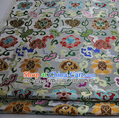 Chinese Traditional Fabric Royal Lotus Pattern White Brocade Material Hanfu Classical Satin Silk Fabric
