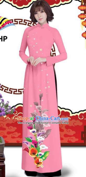 Vietnam Traditional Printing Alocasia Pink Aodai Qipao Dress Asian Vietnamese Bride Classical Cheongsam for Women