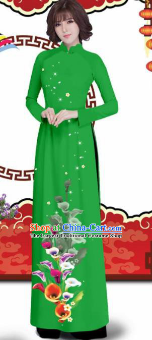 Vietnam Traditional Printing Alocasia Green Aodai Qipao Dress Asian Vietnamese Bride Classical Cheongsam for Women