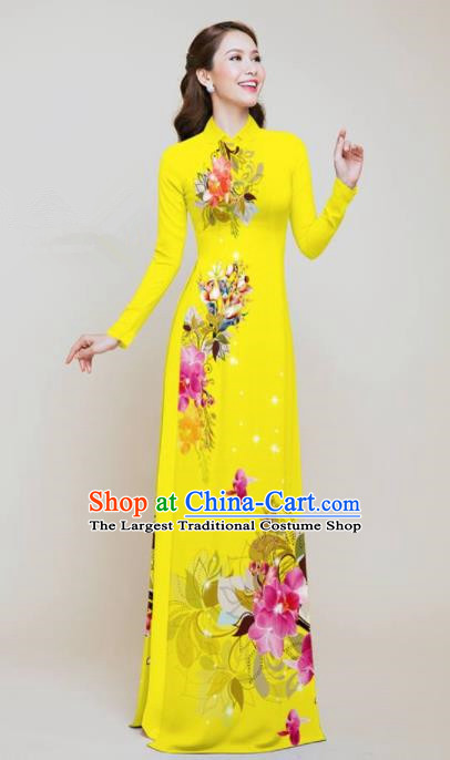 Vietnam Traditional Printing Flowers Yellow Aodai Qipao Dress Asian Vietnamese Bride Classical Cheongsam for Women