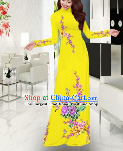 Vietnam Traditional Printing Plum Blossom Peony Yellow Ao Dai Dress Asian Vietnamese Bride Classical Cheongsam for Women