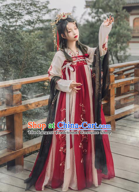 Chinese Ancient Goddess Red Hanfu Dress Traditional Tang Dynasty Court Lady Embroidered Historical Costume for Women