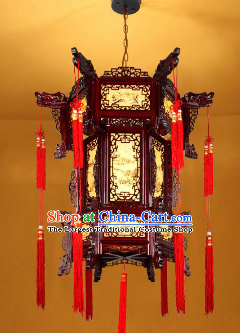 Chinese Traditional Handmade Red Tassel Wood Carving Palace Lantern Classical Hanging Lanterns Ceiling Lamp