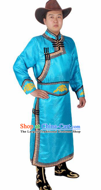 Chinese Ethnic Prince Costume Blue Mongolian Robe Traditional Mongol Nationality Folk Dance Clothing for Men
