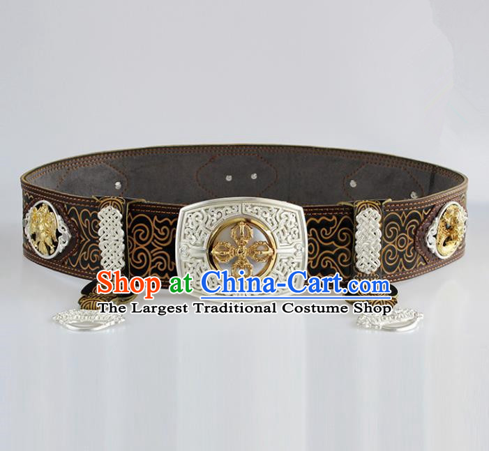Chinese Mongolian Ethnic Waist Accessories Traditional Mongol Nationality Black Leather Belts for Men