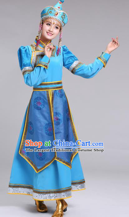 Chinese Mongolian Ethnic Folk Dance Blue Dress Traditional Mongol Nationality Princess Costume for Women
