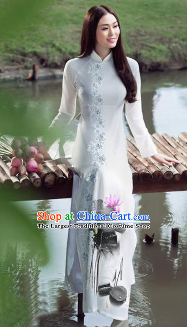 Vietnam Traditional National Ink Painting Lotus Ao Dai Dress Asian Vietnamese Cheongsam for Women