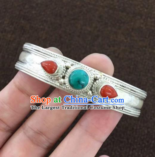 Chinese Traditional Mongol Nationality Kallaite Bracelet Mongolian Ethnic Sliver Bangle Accessories for Women