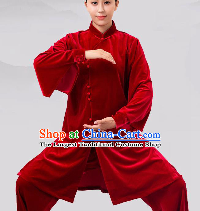 Traditional Chinese Martial Arts Competition Red Velvet Costume Tai Ji Kung Fu Training Clothing for Women