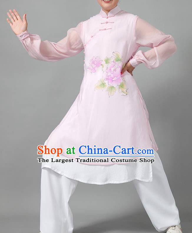 Traditional Chinese Martial Arts Printing Peony Pink Costume Tai Ji Kung Fu Competition Clothing for Women