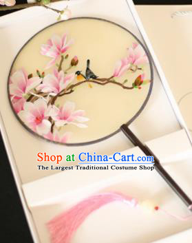 Chinese Traditional Embroidered Red Magnolia Round Fans Classical Hanfu Palace Fans for Women