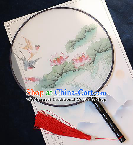 Chinese Traditional Printing Swallow Lotus Silk Round Fans Handmade Classical Palace Fans for Women