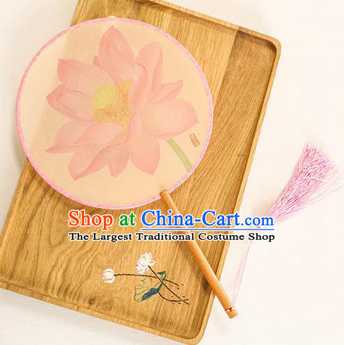 Chinese Traditional Printing Pink Lotus Dance Silk Round Fans Handmade Classical Palace Fans for Women