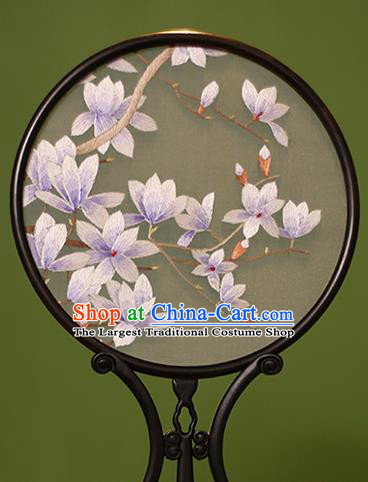 Chinese Traditional Handmade Embroidered Yulan Magnolia Silk Round Fans Classical Palace Fans for Women