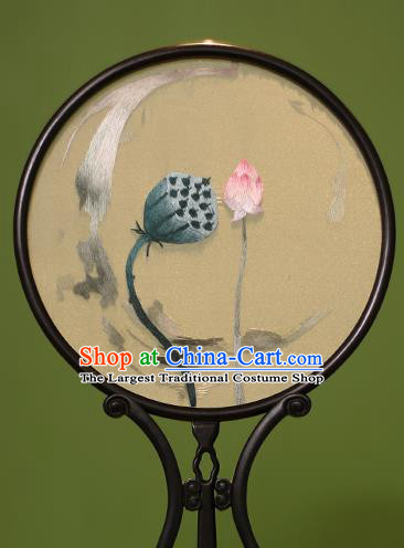 Chinese Traditional Handmade Embroidered Lotus Silk Round Fans Classical Palace Fans for Women