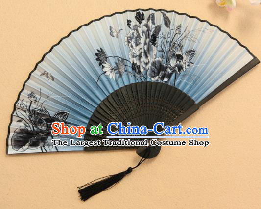 Chinese Traditional Folding Fans Classical Printing Peony Blue Accordion Silk Fans for Women