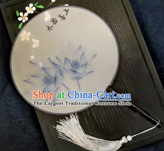 Chinese Traditional Printing Blue Lotus Silk Round Fans Classical Hanfu Palace Fans for Women