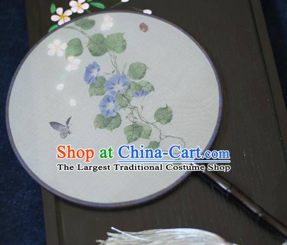 Chinese Traditional Printing Blue Petunia Silk Round Fans Classical Hanfu Palace Fans for Women