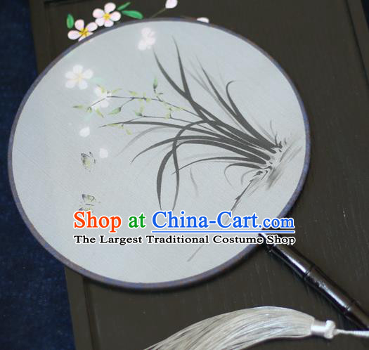 Chinese Traditional Printing Orchid Silk Round Fans Classical Hanfu Palace Fans for Women