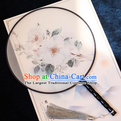 Chinese Traditional Printing White Camellia Silk Round Fans Handmade Classical Palace Fans for Women
