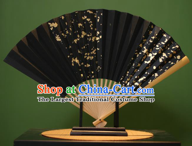 Chinese Traditional Handmade Golden Paillette Black Xuan Paper Fans Classical Folding Fans for Men