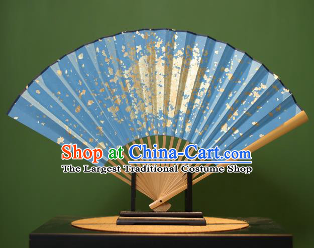 Chinese Traditional Handmade Blue Xuan Paper Fans Classical Sequins Folding Fans for Men