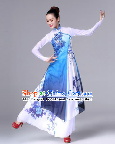 Chinese Traditional Umbrella Dance Costume Classical Dance Stage Performance Blue Dress for Women