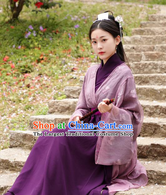 Chinese Ancient Swordswoman Purple Hanfu Dress Jin Dynasty Nobility Lady Princess Historical Costume for Women