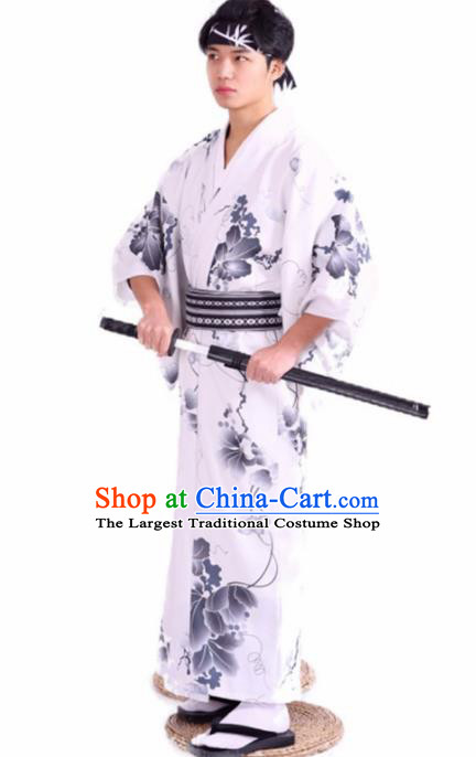 Japanese Traditional Samurai Printing White Kimono Robe Asian Japan Handmade Warrior Yukata Costume for Men