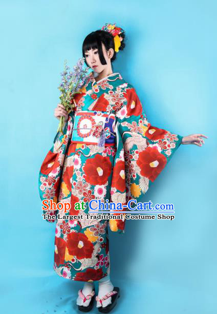 Japanese Traditional Handmade Printing Peony Furisode Kimono Dress Asian Japan Geisha Red Yukata Costume for Women