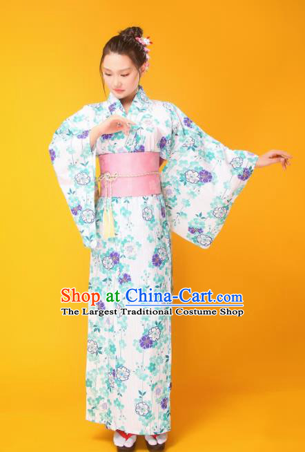 Japanese Traditional Handmade Printing Furisode Kimono Green Dress Asian Japan Geisha Yukata Costume for Women