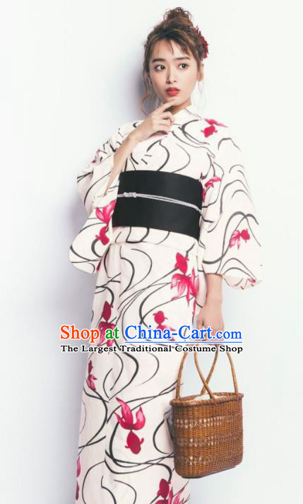 Japanese Traditional Handmade Printing Goldfish Furisode Kimono White Dress Asian Japan Geisha Yukata Costume for Women