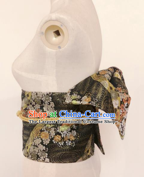 Japanese Traditional Handmade Black Brocade Kimono Belts Asian Japan Geisha Yukata Waistband for Women