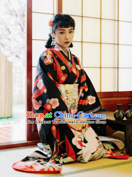 Handmade Japanese Geisha Printing Black Furisode Kimono Dress Asian Japan Traditional Yukata Costume for Women