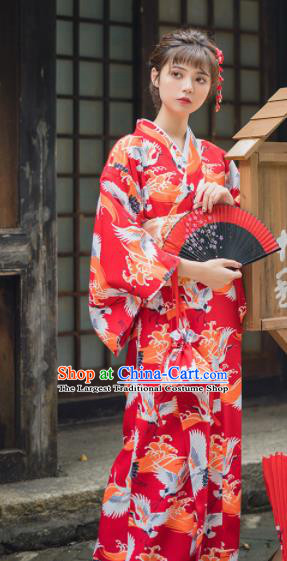 Handmade Japanese Traditional Costume Printing Cranes Red Furisode Kimono Dress Asian Japan Yukata for Women
