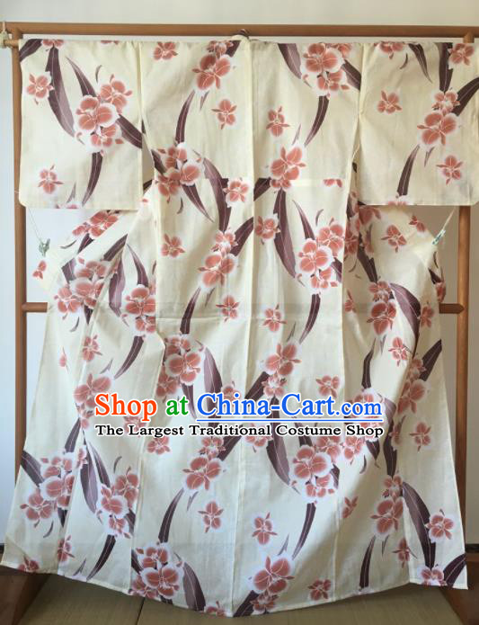 Japanese Traditional Costume Geisha Printing Flowers White Furisode Kimono Asian Japan Yukata Dress for Women