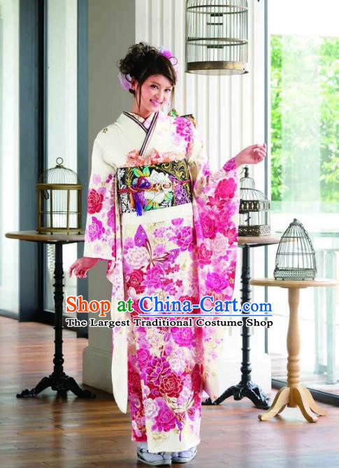 Japanese Traditional Printing Peony Flowers White Furisode Kimono Asian Japan Costume Geisha Yukata Dress for Women