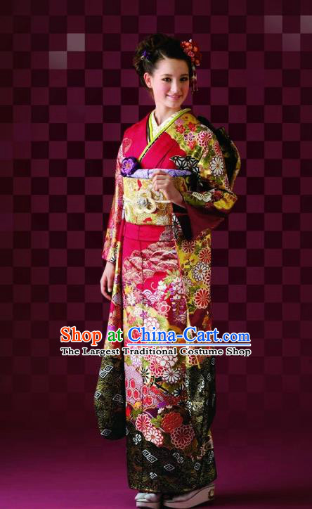 Japanese Traditional Printing Iromuji Rosy Furisode Kimono Asian Japan Costume Geisha Yukata Dress for Women