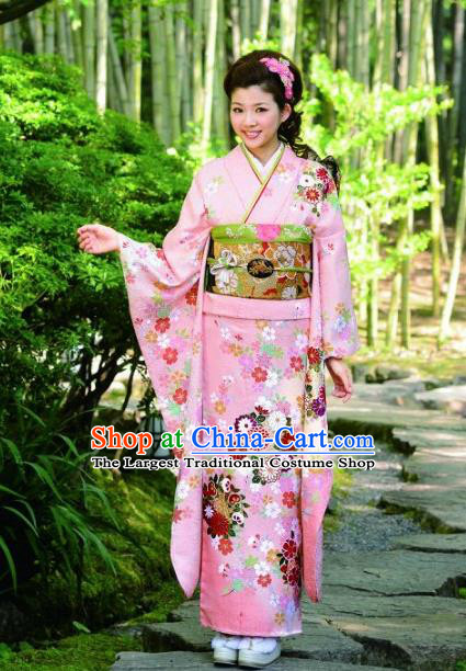 Japanese Traditional Printing Iromuji Pink Furisode Kimono Asian Japan Costume Geisha Yukata Dress for Women