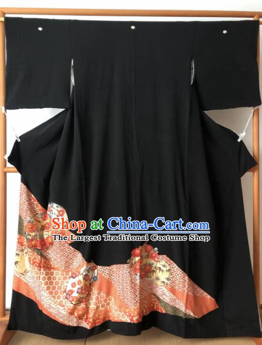Japanese Traditional Printing Sakura Black Furisode Kimono Asian Japan Costume Geisha Yukata Dress for Women