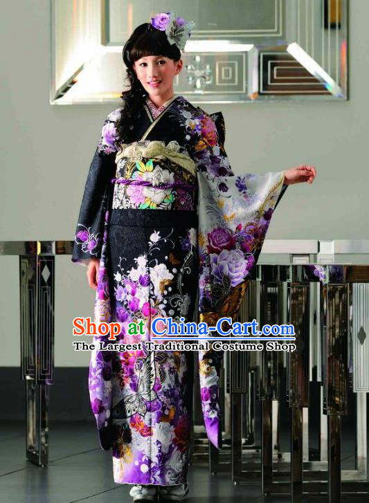 Japanese Traditional Printing Roses Iromuji Black Furisode Kimono Asian Japan Costume Geisha Yukata Dress for Women
