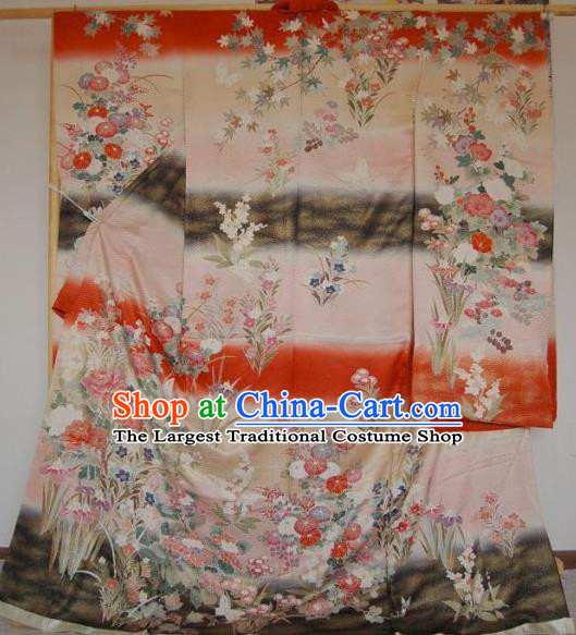 Japanese Traditional Printing Pink Silk Furisode Kimono Asian Japan Costume Geisha Yukata Dress for Women