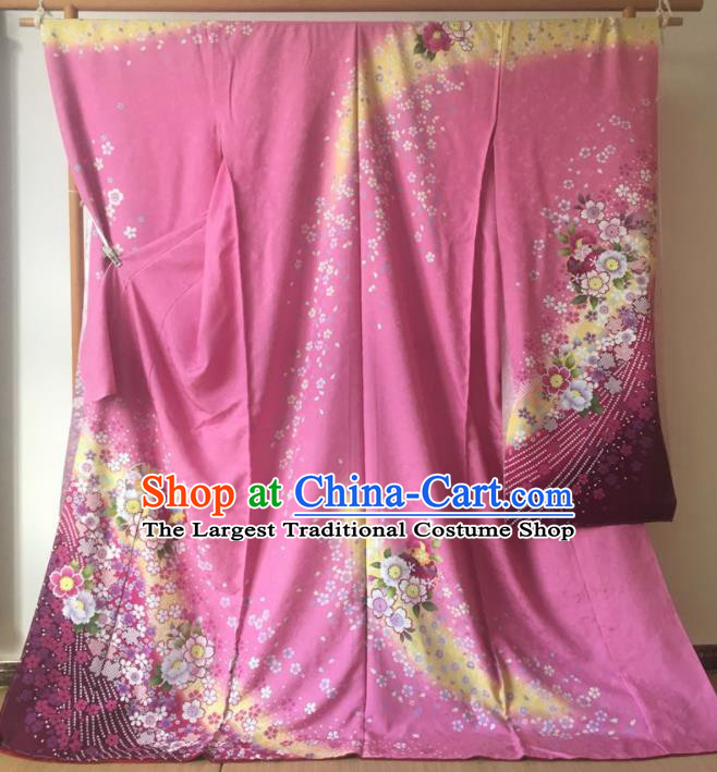 Japanese Traditional Printing Rosy Silk Furisode Kimono Asian Japan Costume Geisha Yukata Dress for Women
