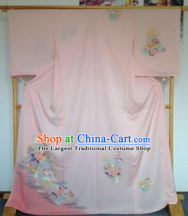 Japanese Traditional Printing Flowers Pink Furisode Kimono Asian Japan Costume Geisha Yukata Dress for Women